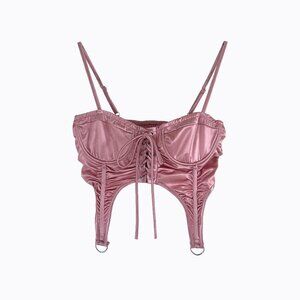 Blush Pink Satin Ruched Corset Bustier Top Sz M Lace Up Regencycore Coquette Y2K
